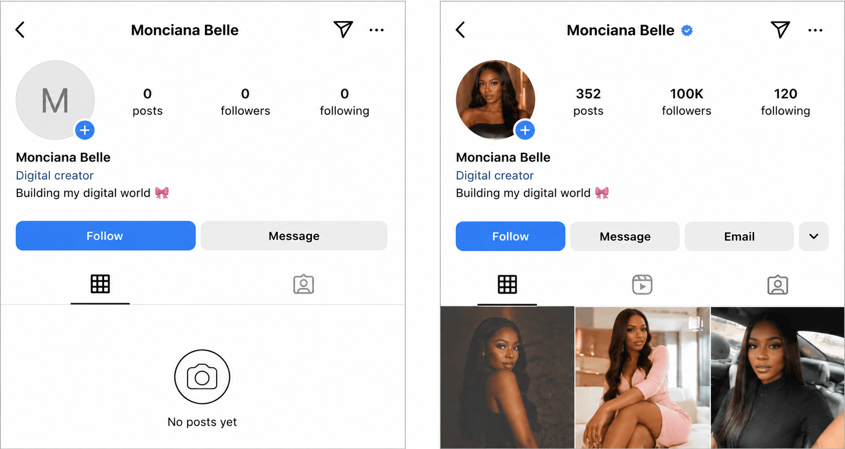 Instagram profile growth — before and after